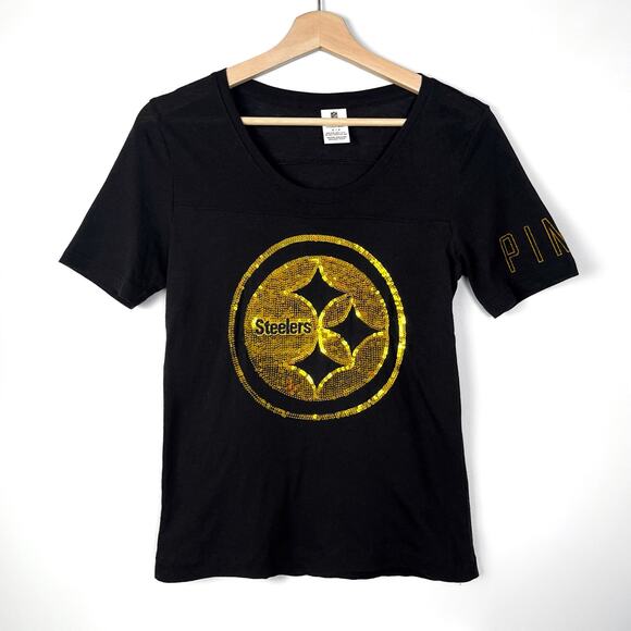 Victoria’s Secret PINK NFL Pittsburgh Steelers Sequin Tee Black T Shirt Small VS - Picture 1 of 16